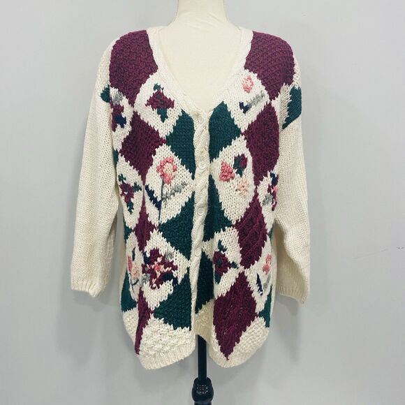 VTG Colleen’s Collectables XL Cream Hand Knit Heavy Sweater Floral Cottagecore* - Picture 3 of 16